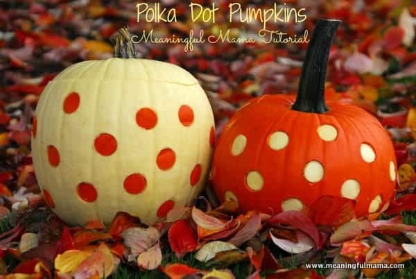 Two-Toned Polka Dot Pumpkins - Use an apple corer to get make the holes in one and use those holes to plug up the other one. Meaningful Mama