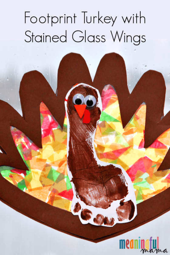 Fall Crafts For Kids- Footprint turkey with stained glass (green yellow orange and red) wings