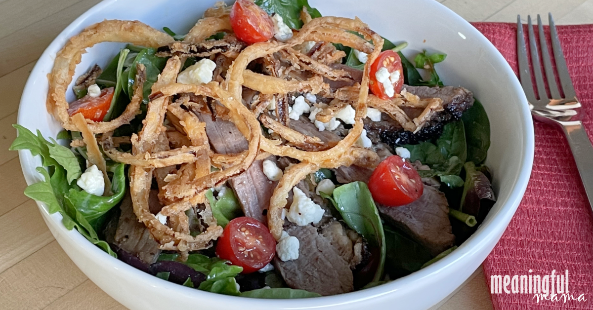 Mixed Green Gorgonzola Steak Salad with French Fried Onions and a Red Wine Vinaigrette
