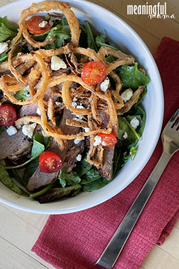 Mixed Green Gorgonzola Steak Salad with French Fried Onions and a Red Wine Vinaigrette