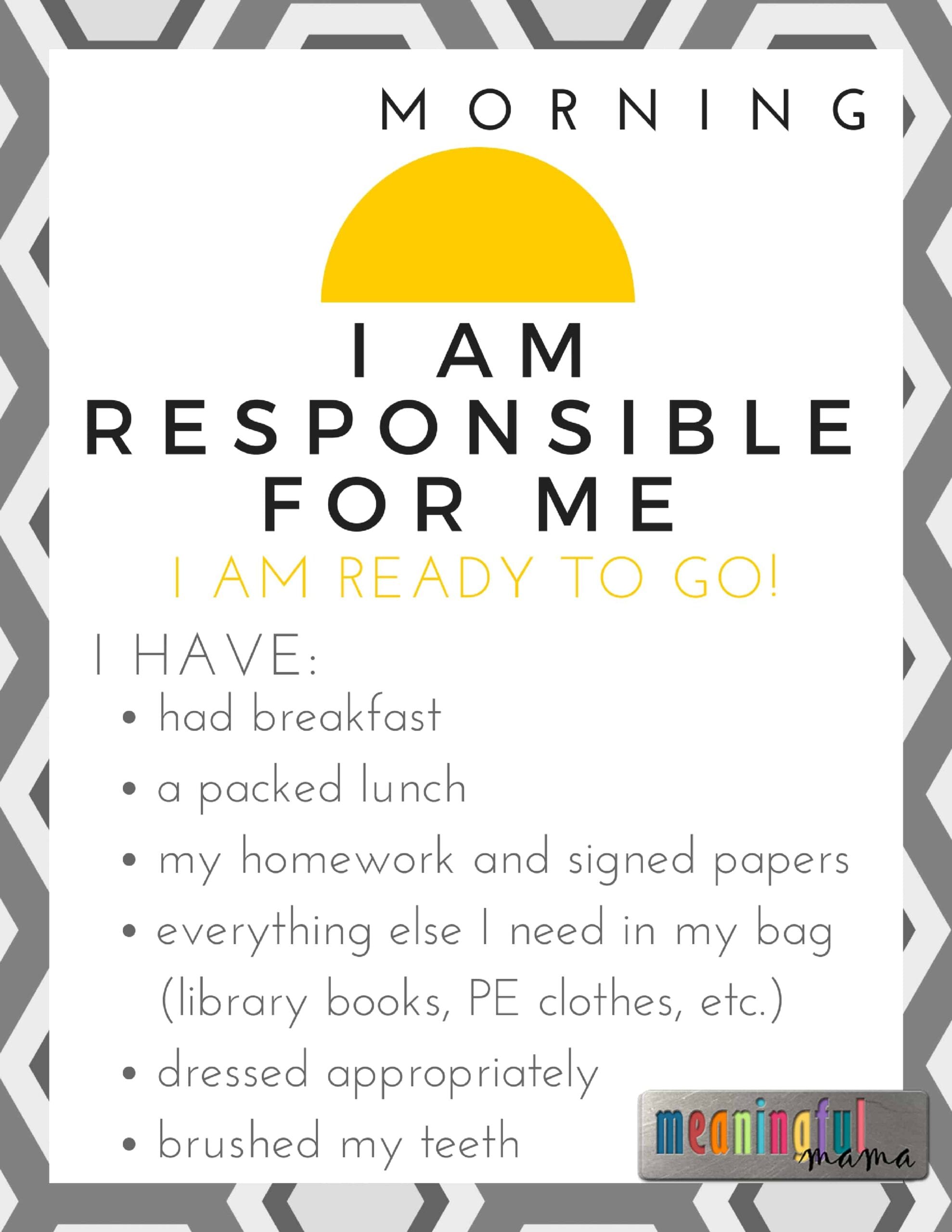 "I am Responsible for Me" Printable for Teaching Kids