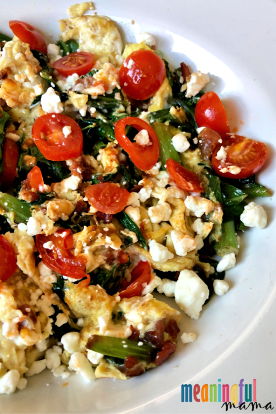Mixed Greens, Goat Cheese and Bacon Breakfast Scramble 