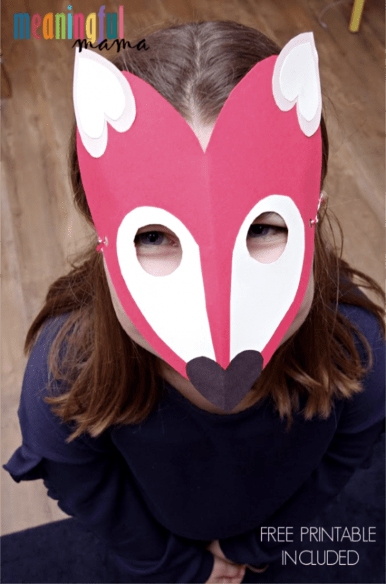 Child in Fox Valentine's Day Mask with Hearts