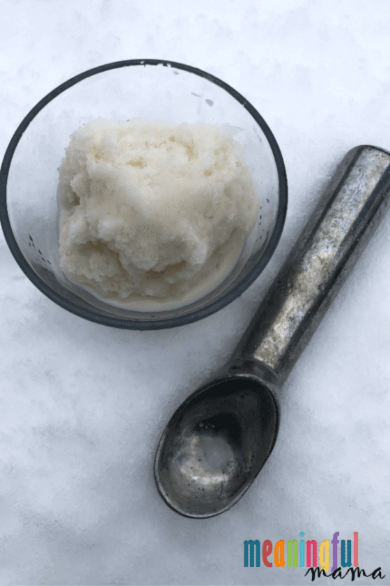 snow cream made from snow with metal ice cream scoop