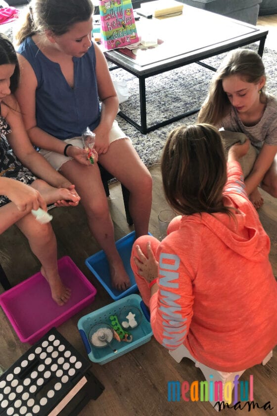 giving pedicures at spa party