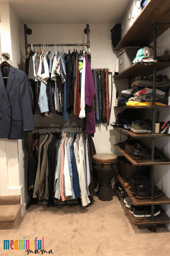 DIY Industrial Pipe Walk-In Closet with Clothes
