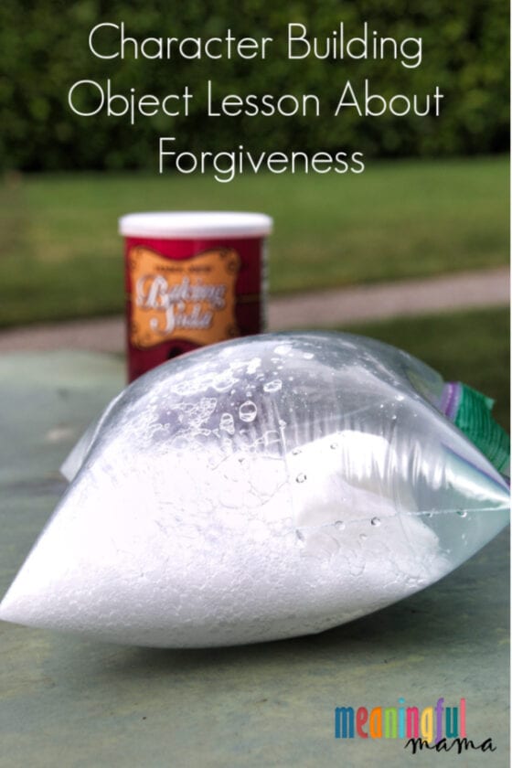 Character Building Object Lesson About Forgiveness with vinegar and baking soda in a bag